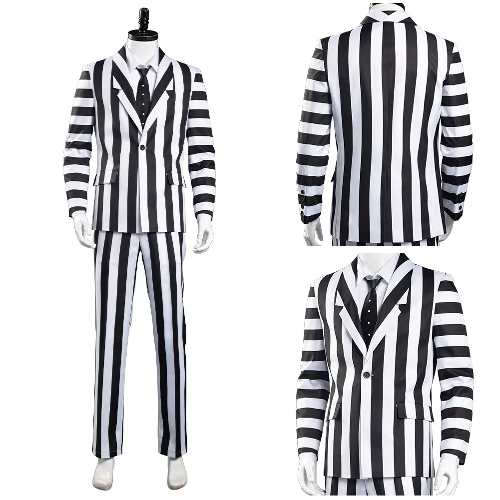 

Anime Beetlejuice Adam Cosplay Costume Men Black and White Striped Suit men Jacket Shirt Pants Outfits Halloween Carnival