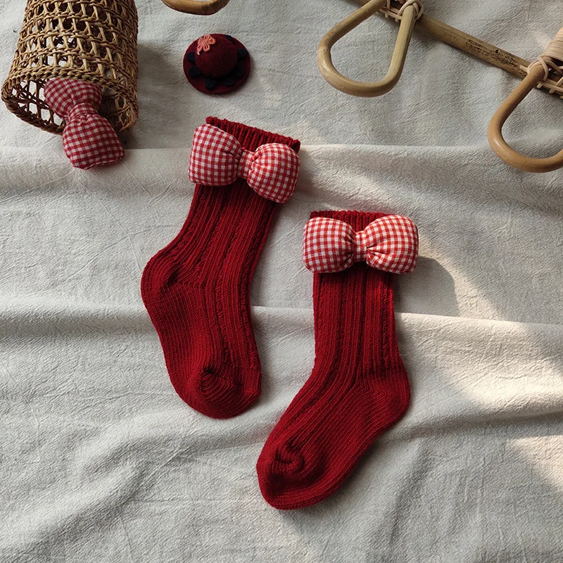 

Lovely baby middle tube socks children solid color bow strawberry cherry hat shape socks autumn/winter Christmas theme
