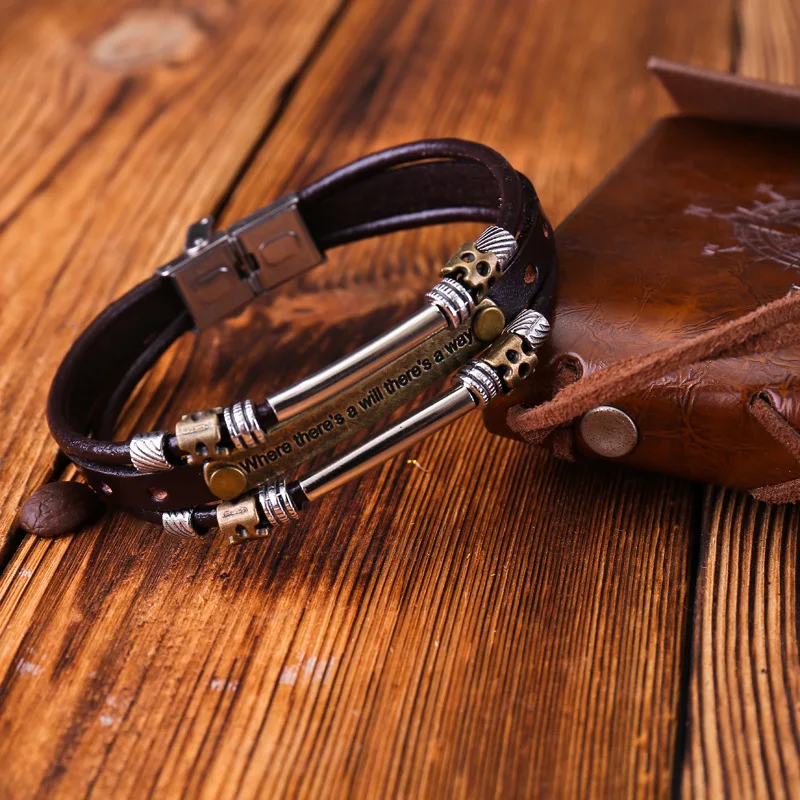 

New Fashion Vintage Cowhide Bracelet Multi-Layered Genuine Leather Charm Rope Chain Men Stainless Steel Buckle Bangles
