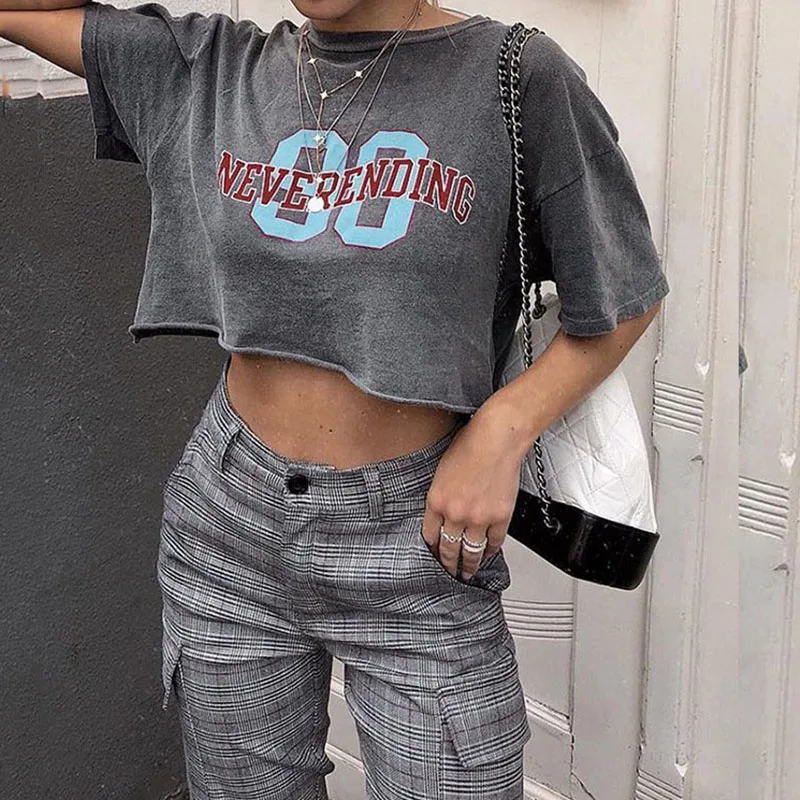 

Gray Lettered Print American Vintage Loose Woman Tshirts Short Sleeve Crop Top Casual Streetwear Lady Summer Plus Size 2021 New