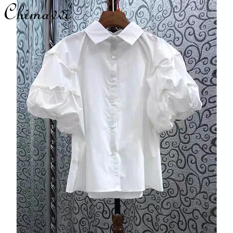 

French Style Pearl Bow Short Sleeve Shirt for Women 2021 Summer New Puff Sleeve Solid Color Blouse Simple Elegant Women's Top