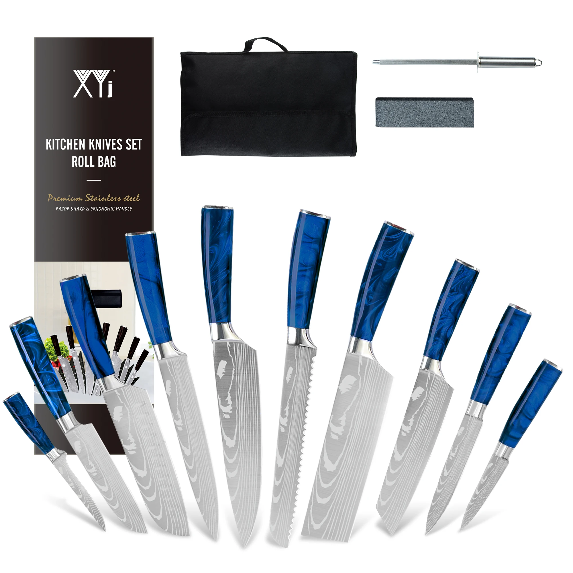 

XYJ Kitchen Knife Set Professional Chef Knives Cleaver Slicing Bread Santoku Knives With Knife Bag&ampSharpener Rod&ampWhetstone