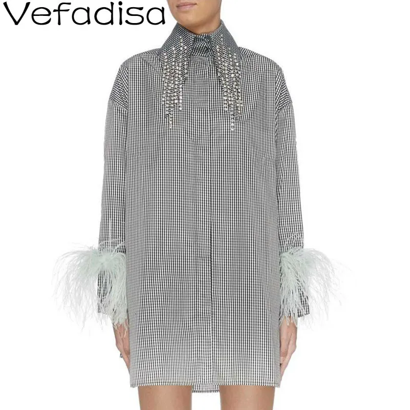 Vefadisa Весенняя клетчатая женская блузка 2020 с отворотом и бриллиантами кисточками