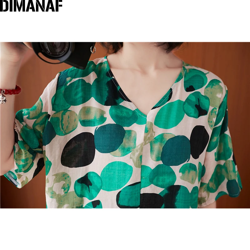 

DIMANAF Summer Plus Size Women Dress Print Dot V-Neck Cotton Female Vestidos Sundress Casual Loose Pleated Lady Elegant Dress