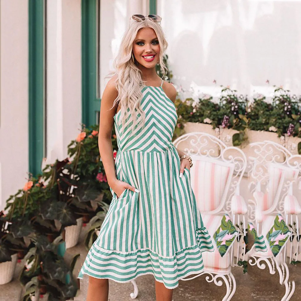 

Women Summer Dress Sexy Backless Sleeveless Spaghetti Fashion Striped Ruffle 2021Beach Vacation Woman Temperament Casual Dresses