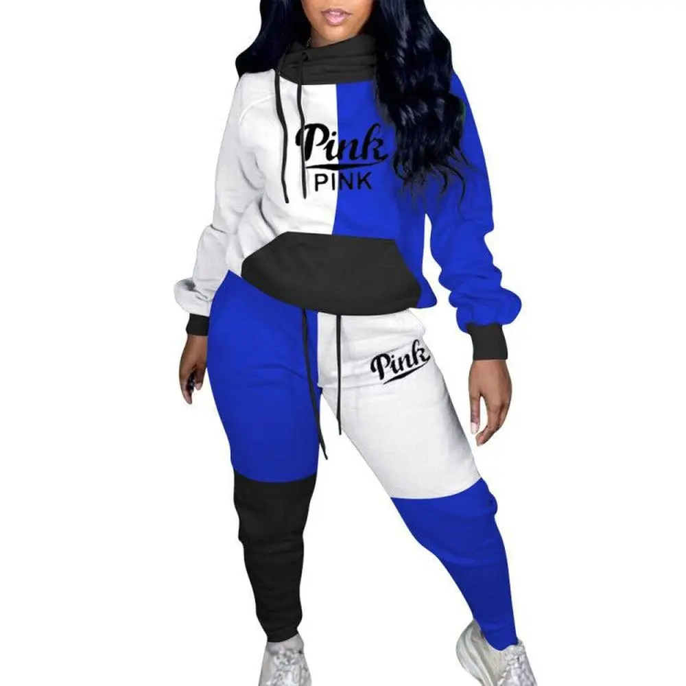 

Color Match Pink Letter Print Plus Size Tracksuit Women's Sets Long Sleeve Hooded Pullover and Sporty Sweatpant Two-piece Outfit