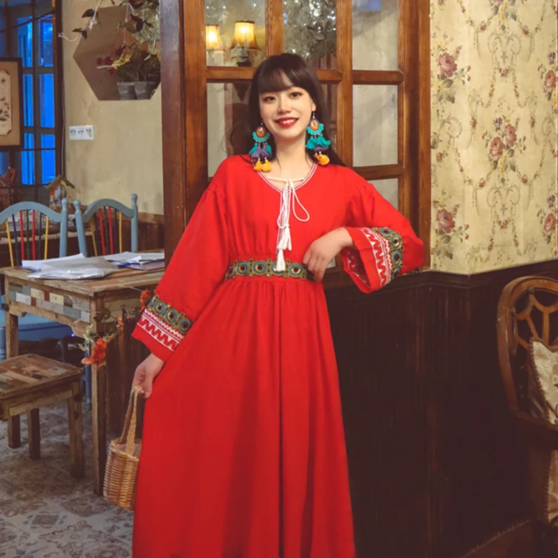 

Vetement Vestidos 2021 Fall Vintage Floral Embroidery Maxi Dress Elegant Party Muslim Arabian Oman Long Sleeve Loose Robe Femme