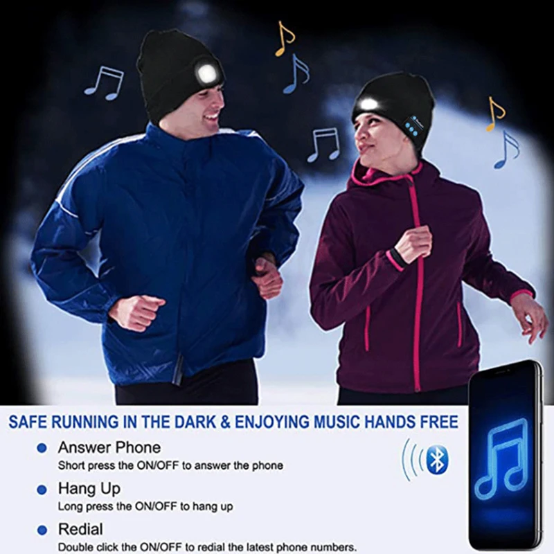 Bluetooth Beanie Hat with LED Headlight Lighted Cap Rechargeable Wireless Winter Warm Knit can |