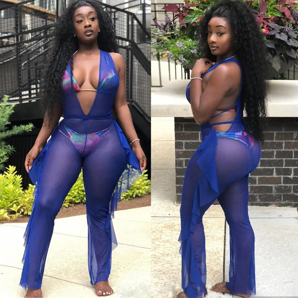 

2019 Brand New Women's Summer Bikini Cover Up Sheer Jumpsuit Beach Long Romper Playsuit Tunic