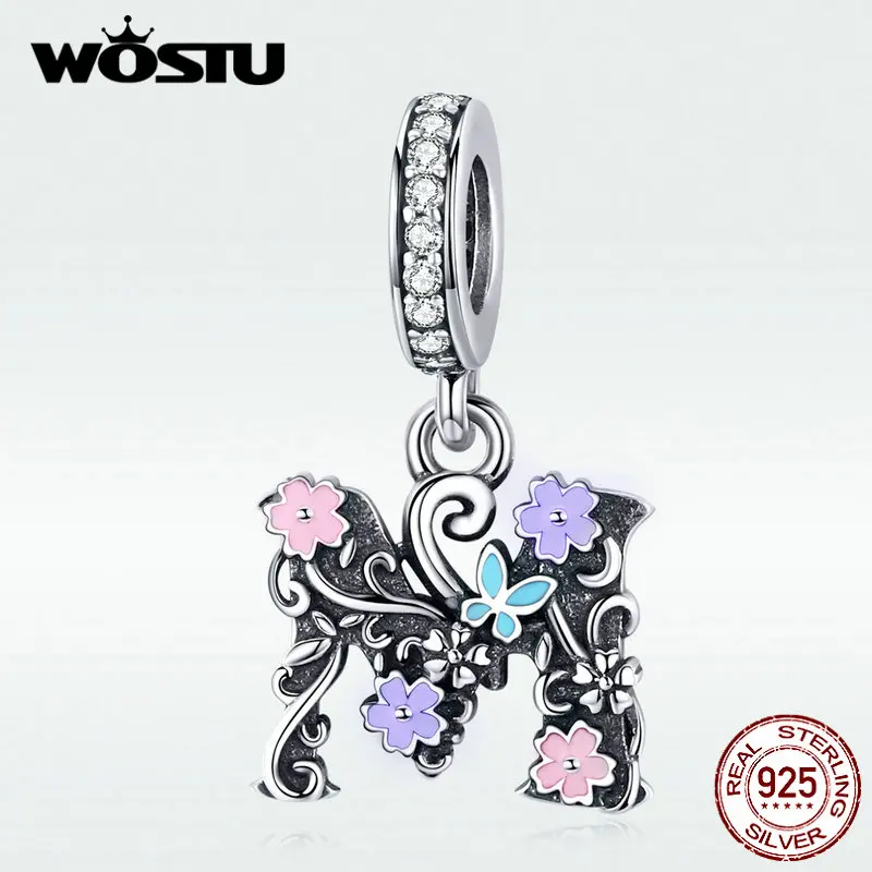 WOSTU, настоящее 925 пробы, серебряные буквы A& M, цветок, шарм, подходит для оригинального браслета, кулон, циркониевые бусины для изготовления ювелирных изделий DXC1274