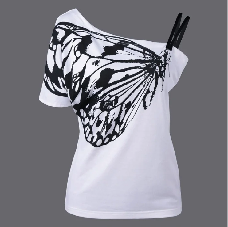 Летняя белая футболка с принтом бабочки модный тренд короткими рукавами и поясом