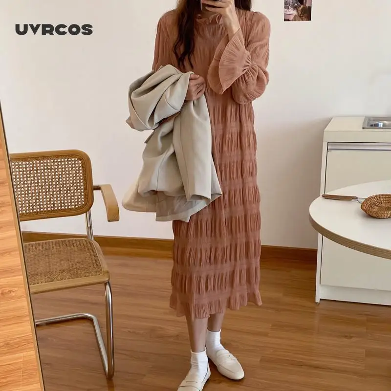 

Korean Casual Versatile Autumn Winter Long Sleeve Pleated Lace Dress 2021 Women Gentle Elegant Round Neck Dress