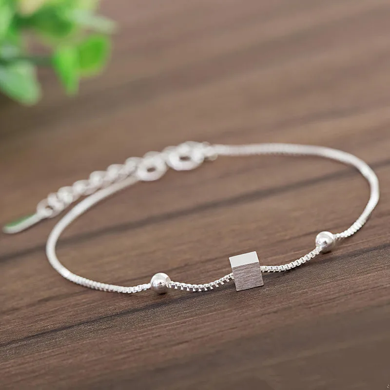 

925 Sterling Silver Adjustable Chain Square Charm Bracelets & Bangle For Women Wedding Gift Prevent Allergy Femme Jewelry