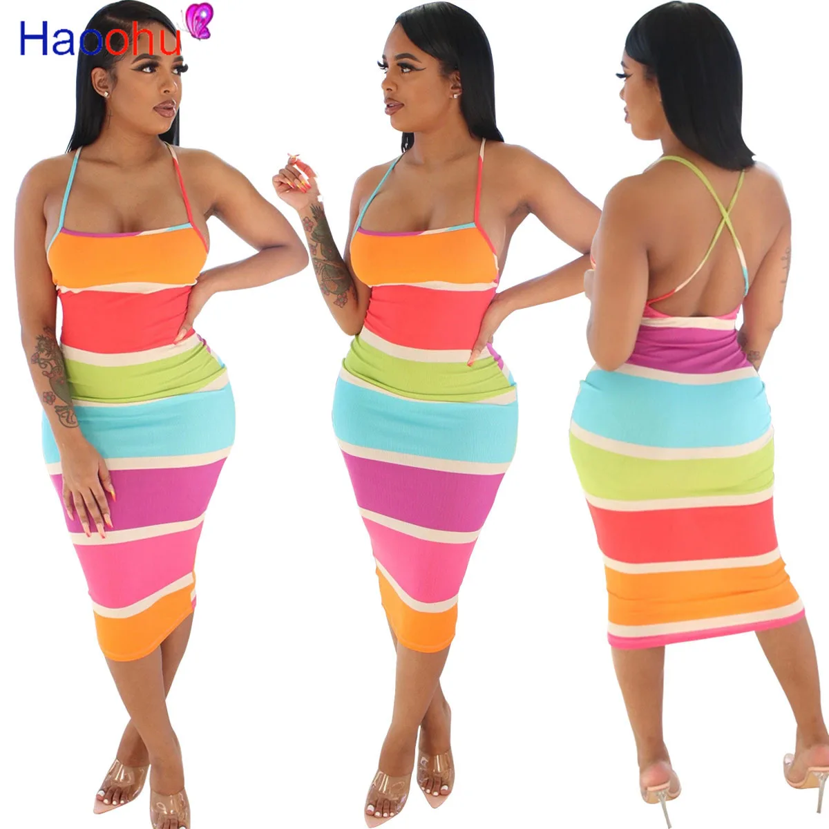

HAOOHU summer women striped chain rainbow print halter neck open back bodycon mid-calf length dress sexy party dresses