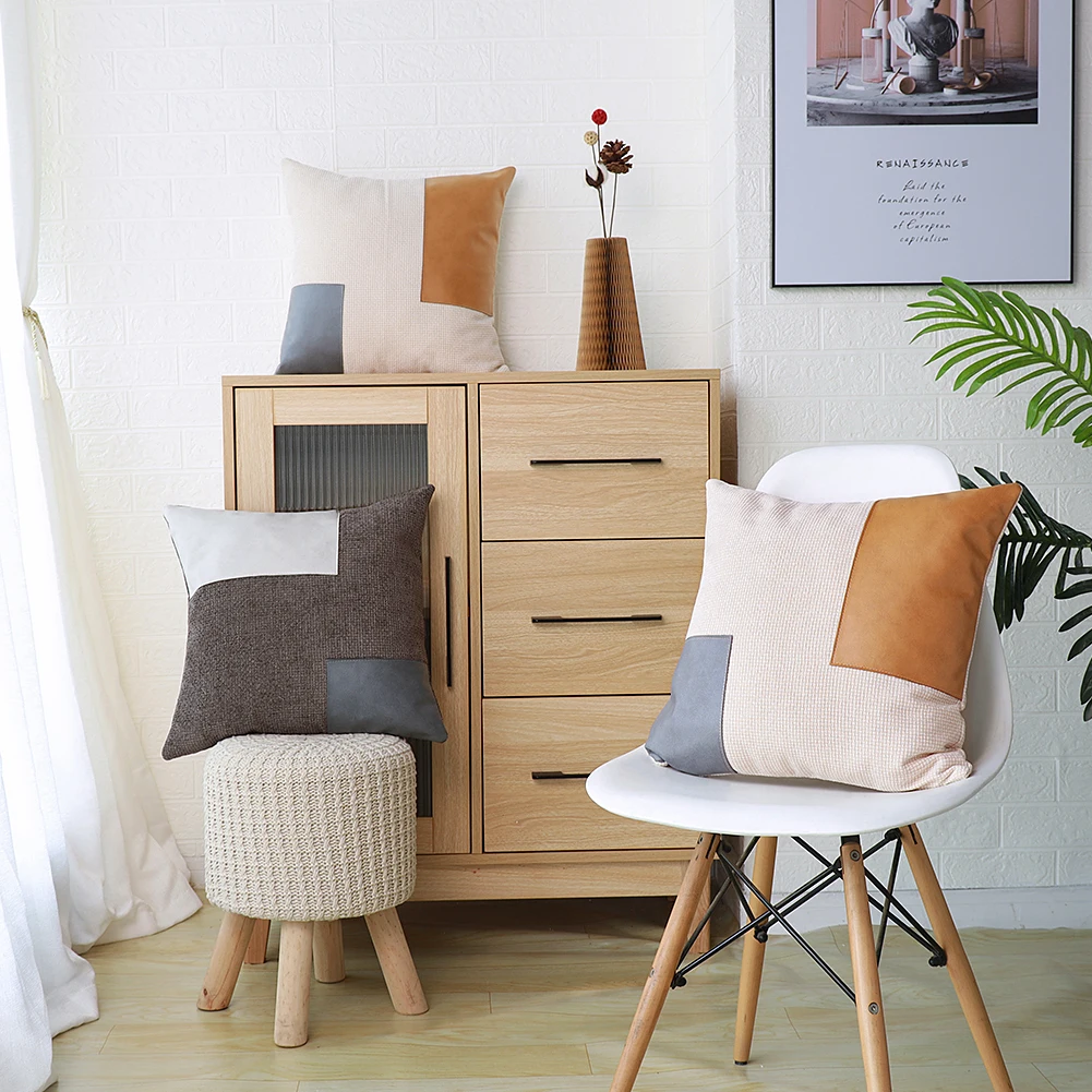 

Linen Splice Pillow Case PU Leather Cushion Cover Nordic Throw Pillowcase For Couch Bed Living Room Office Decorative 45x45cm