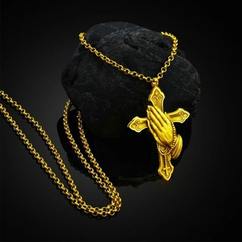 

1pcs Silver Colour Metal Jesus Hands Praying Cross Necklaces Religious Style Vintage Men Christian Amulet Fashion Accessories