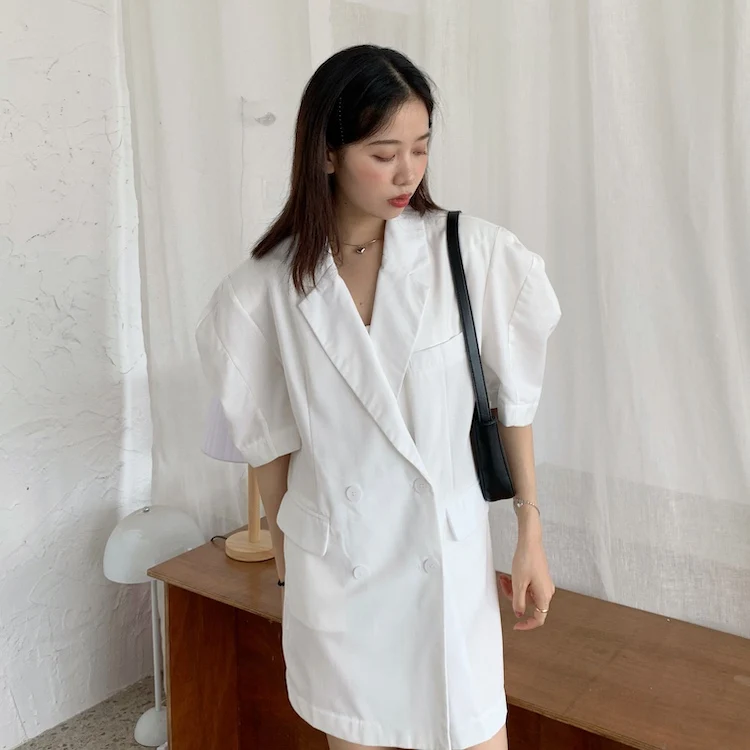 

Korejpaa Women Jacket 2021 Summer Korean Chic Ladies All-Match Suit Collar Double-Breasted Loose Casual Puff Sleeve Suit Jackets