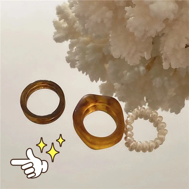 

New 3 Pieces/set of Retro Fashion Geometric Tortoiseshell Resin Natural Pearl Ring for Ladies Best Party Jewelry
