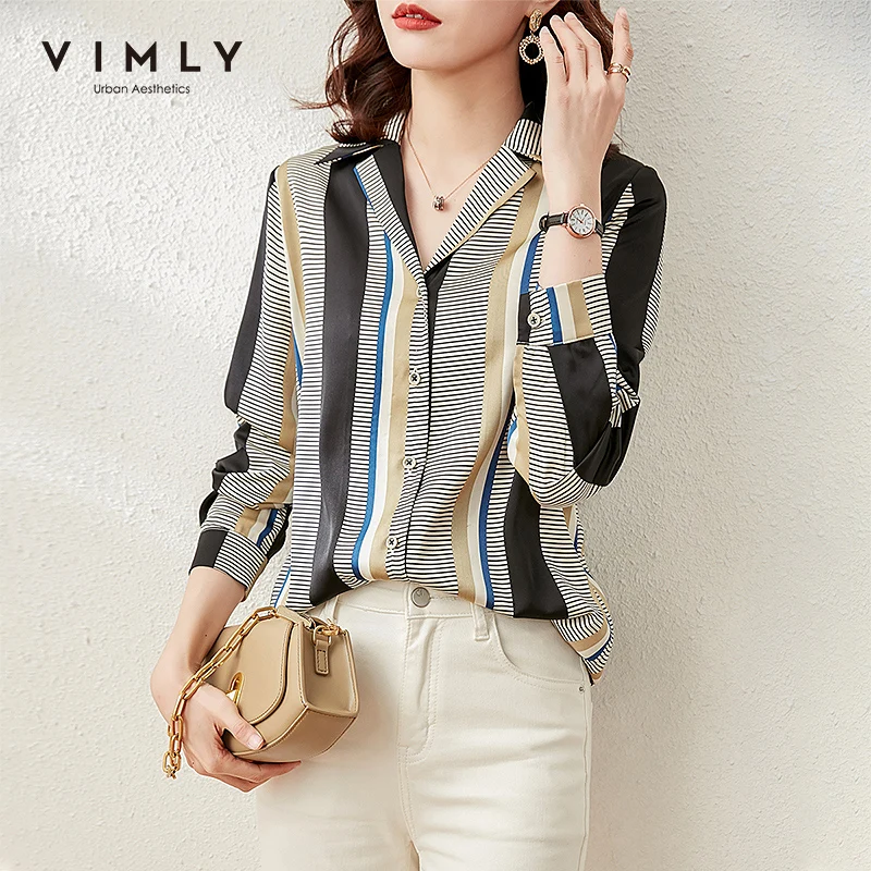 

Vimly Spring Striped Shirts Women Fashion New V Neck Single Breasted Patchwork Female Blouse Elegant Office Lady Tops F6372