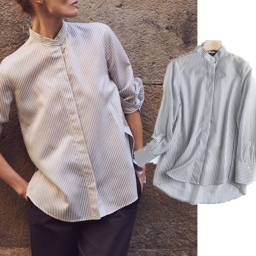 

Женская винтажная блузка в полоску, с воротником-стойкой