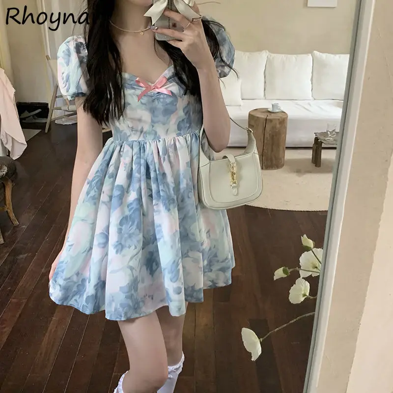 

Синие женские летние платья с цветочным принтом, новинка, французские студенческие платья с пышными рукавами в стиле Харадзюку, плиссирова...