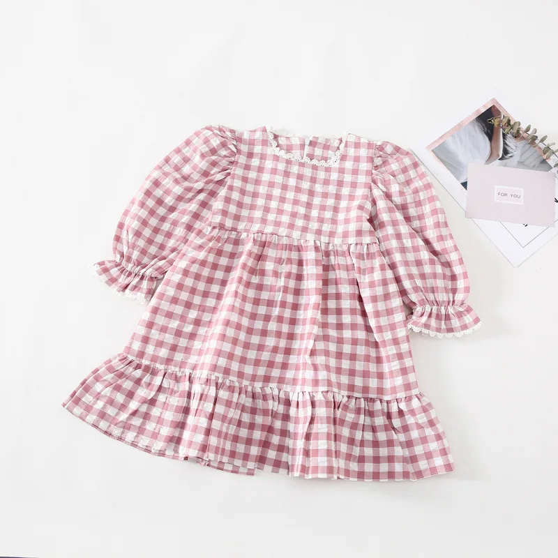 

Autumn girls pink skirt Korean girl baby plaid dress puff sleeve princess dress girls dress kids dresses for girls