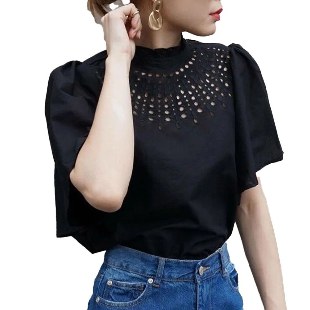 

2021 Summer New Japanese Style Solid Color Temperament Simplicity Thin Embroidered Blouse Fashion Round Neck Puff Sleeve