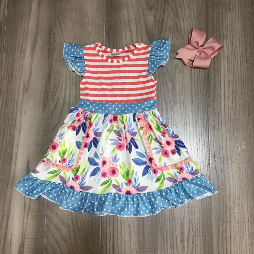 Летнее платье для маленьких девочек детская одежда в полоску с помпонами и