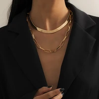 2pcsset wide flat blade snake chain choker necklace collar multi layered gold color clavicle necklaces jewelry accessories 2021