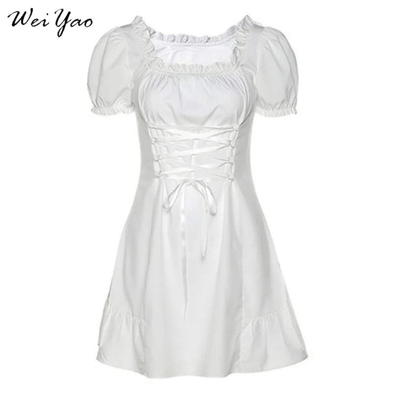 

WeiYao Fashion Elegant Bow White Female Mini Dress Summer Party Birthday Festival Cute Sexy French Romantic Silk Dress Women