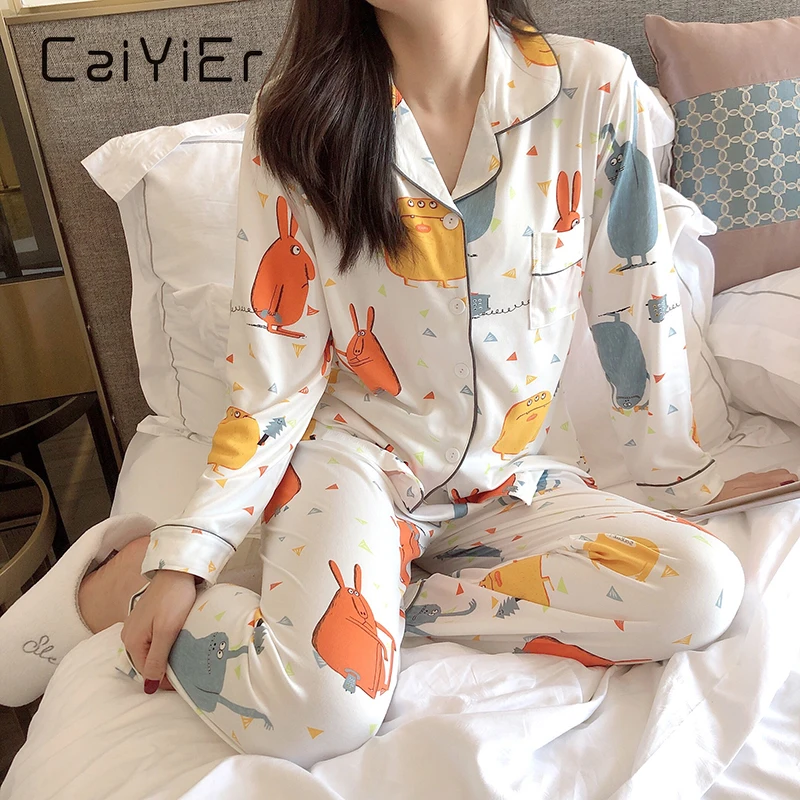 CAIYIER Spring Autumn pajamas Long-sleeved pants Lovely cartoon print Leisure turn-down collar Sleepwear winter women Nightwear