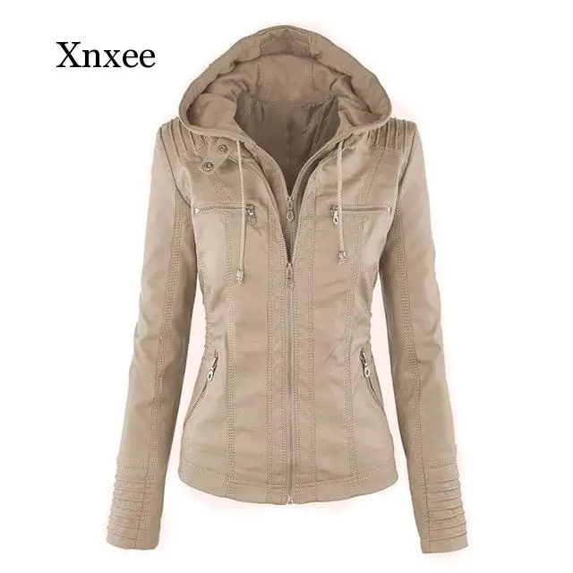 Faux Soft Leather Jackets Coats Lady Black PU Zipper  Motorcycle Streetwear  Women Autumn Winter warm zipper hooded  khaki