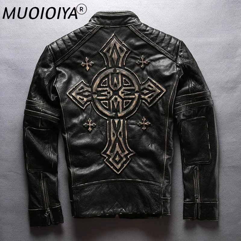 

2021 New Men's Motorcycle Leather Jacket Vintage Black Thick Cowhide Genuine Rider Jackets Back 3D Cross Biker Coats