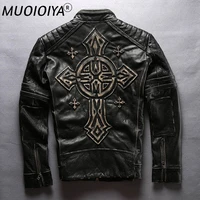 2021 new mens motorcycle leather jacket vintage black thick cowhide genuine rider jackets back 3d cross biker coats