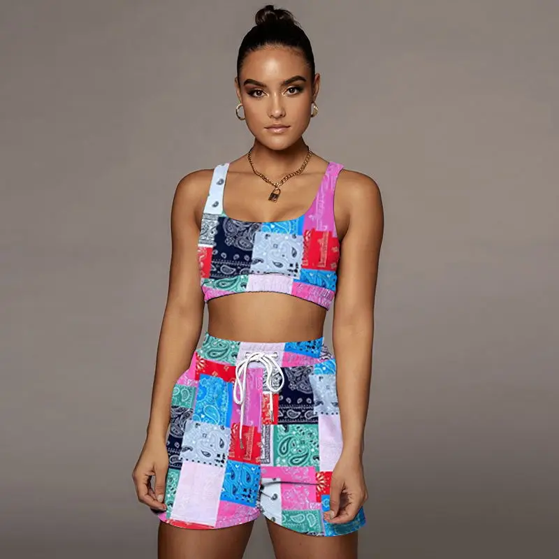

2021 Women Sets Summer Tracksuits Sexy Casual Print Sleeveless Tank Tops+Shorts Suit Two Piece Set Beach Style Matching Set XXL
