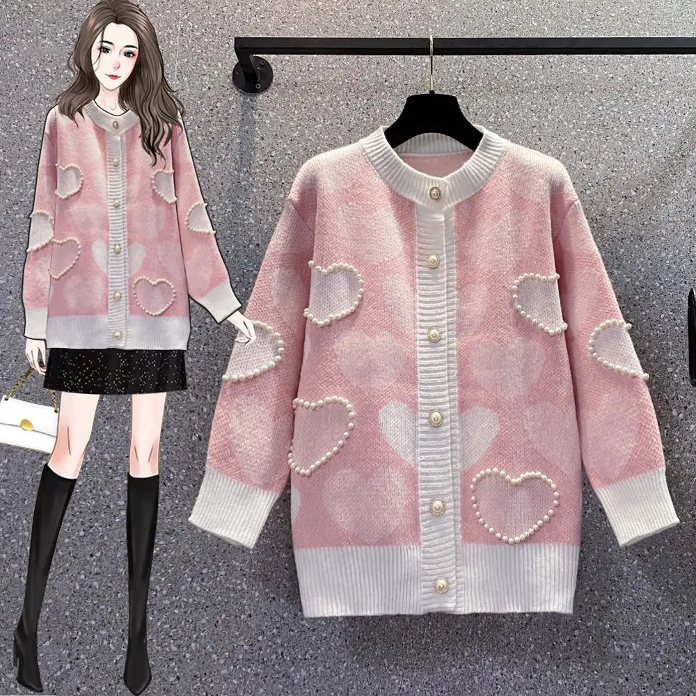

EHQAXIN 2021 New Womens Sweater Autumn Winter Fashion Sweet Pink Love Beaded Button Loose Cardigan For Ladies Lazy Style L-4XL