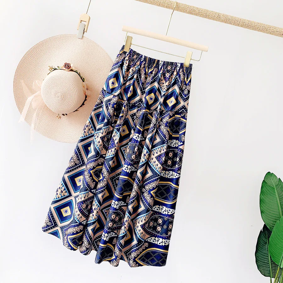 

GTGYFF Vintage Summer Plaid Skirts For Women Fashion Ladies Midi A Line Umbrella Skirt Retro Print Femme Faldas Dance Saias Blue