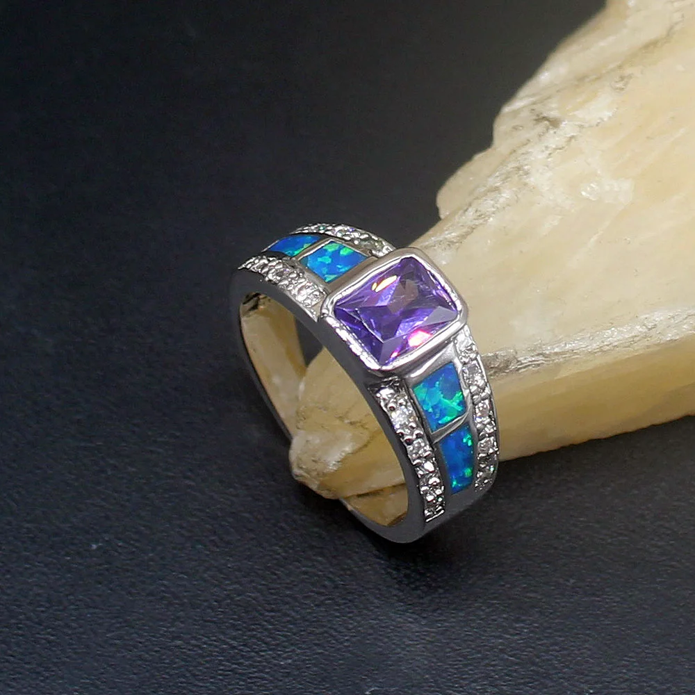 

Gemstonefactory Jewelry Big Promotion Single Unique 925 Silver Blue Opal Purple Amethyst Women Gifts Band Rings 7.5# 20214474