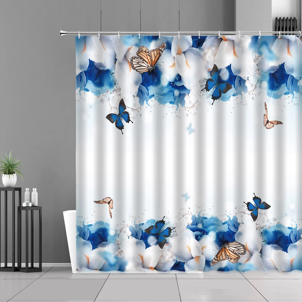 

Butterfly Collecting Nectar Pattern Shower Curtains Yellow Sunflower Purple Flowers Plant Spring Scenery Home Decor Bath Curtain