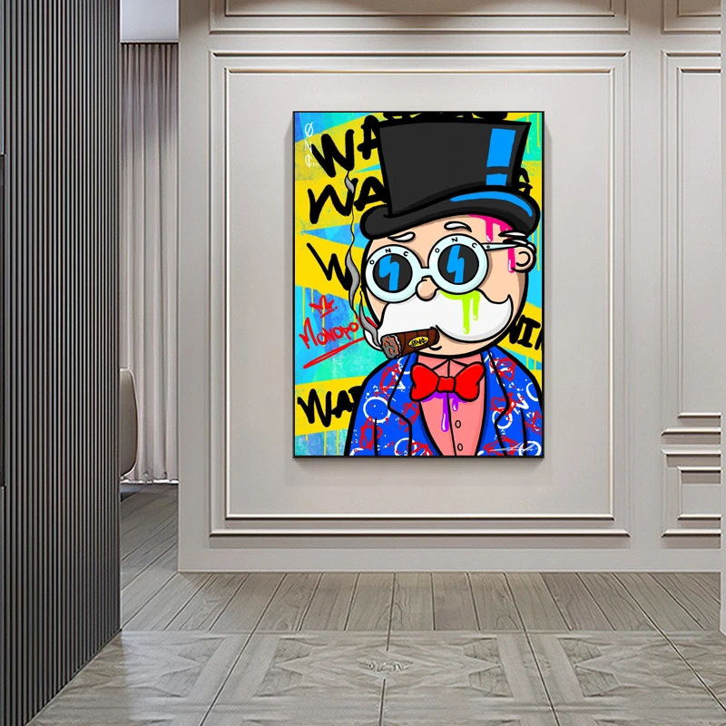 Картина на холсте "Alec Monopoly Man Cartoon" с граффити и стрит-артом, постеры и печати в современном стиле для домашнего декора гостиной.