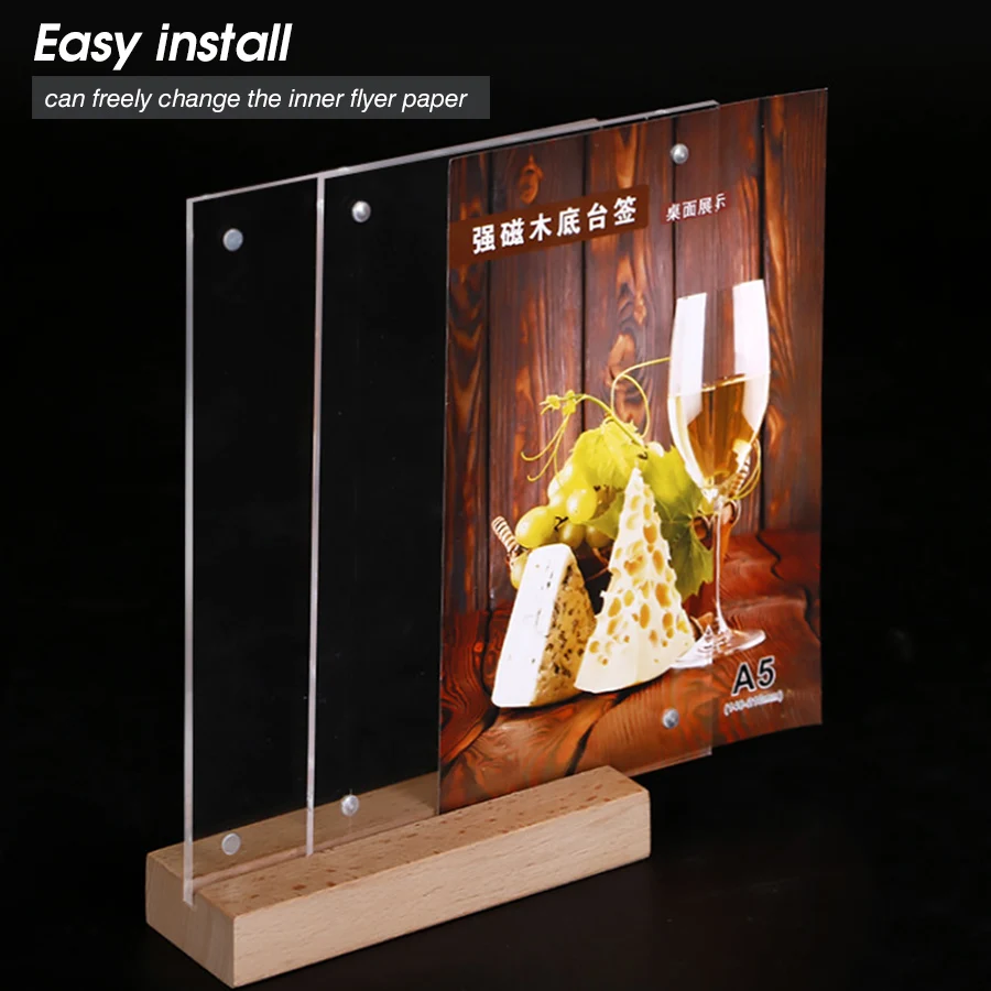 Wood Acrylic Stand 100*150 мм двухсторонний прозрачный акриловый бумажный держатель для меню, пластиковый Настольный держатель для карт, настольный рекламный стенд - Цвет: Wood Acrylic Stand