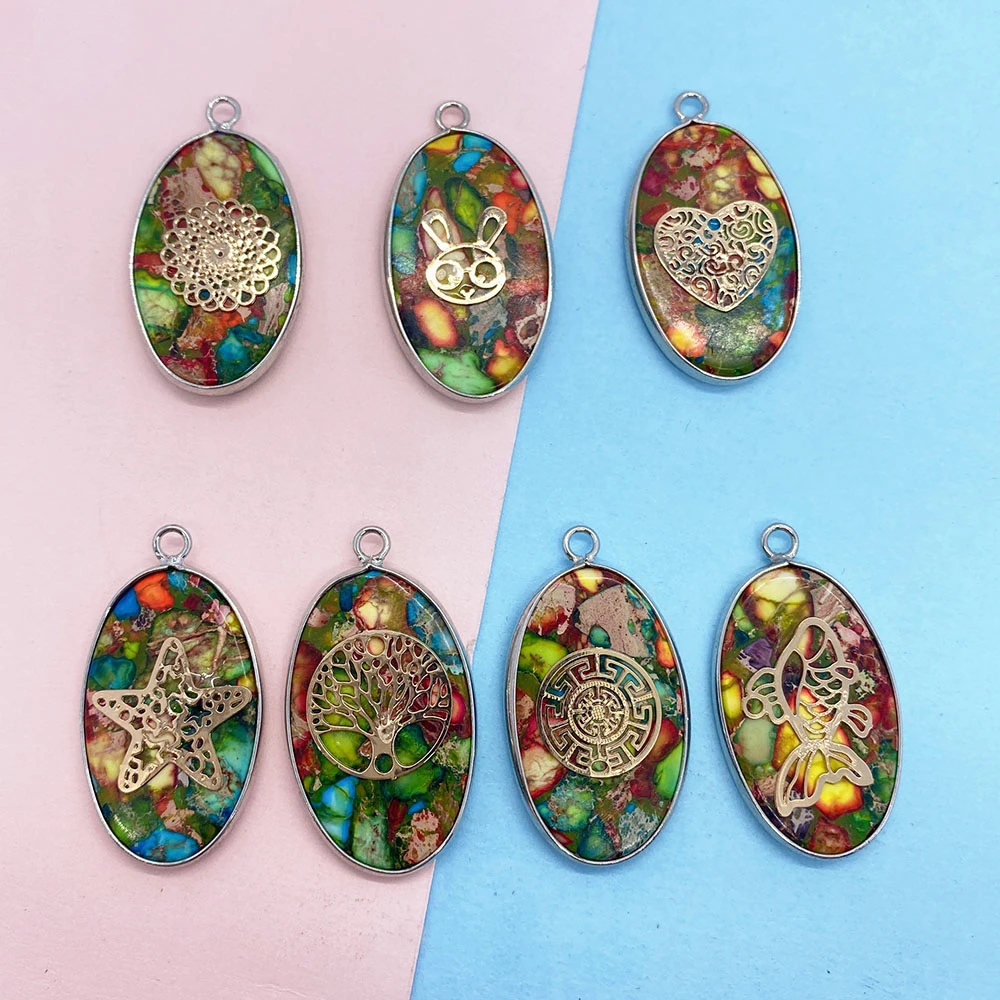 

Colorful Oval Turquoise Pendants Natural Stone DIY Fashion Charms for Jewelry Making Necklace Earring Accessories Star Pattern