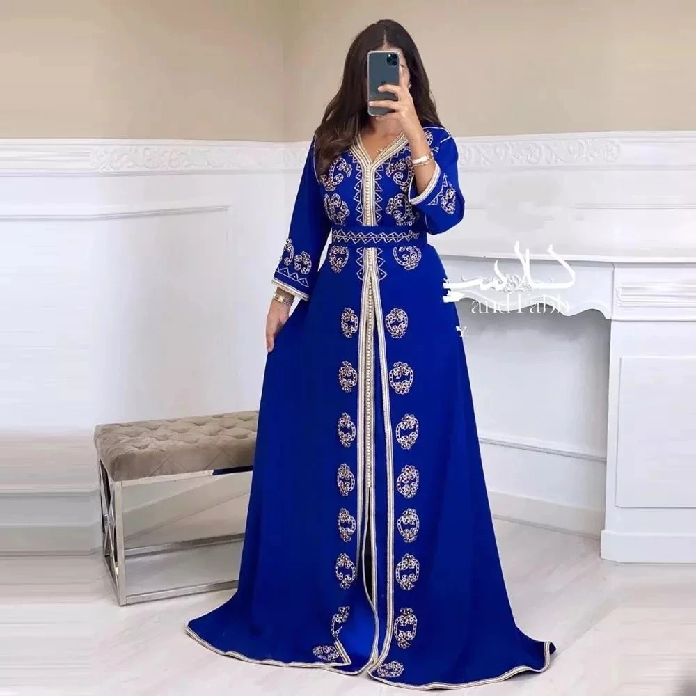 

Royal Blue Moroccan Kaftan Caftan Muslim Evening Dresses A-line V-neck Chiffon Beading Dubai Arabic Turkey Abaya Islamic Gown