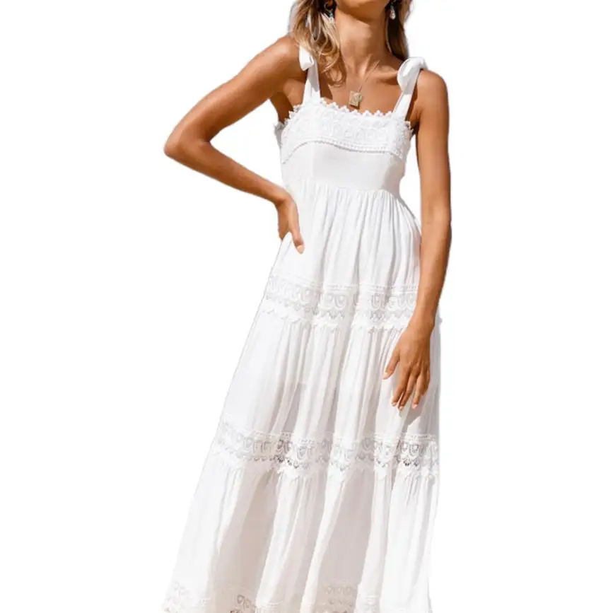 

Ladies Temperament Beach Suspender Skirt Women Summer Lace Splicing Sleeveless Long Strap Dress for Shopping Dating