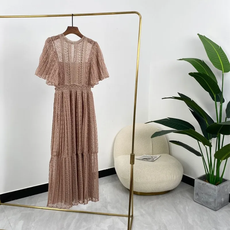 

Silk High Quality Women Elegant Solid Pink Hollow Out Short Flare Sleeve Tiered Dresses Summer Fashion