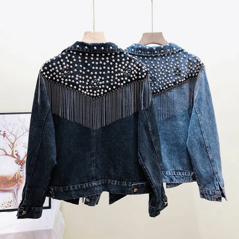 Женская джинсовая куртка Chaquetas Mujer свободная черная с заклепками и цепочкой осень