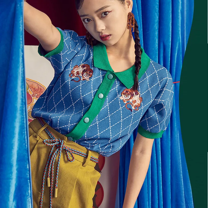 

Retro Tiger Embroidery Korean Fashion Argyle Plaid Knitted Summer Tops Short Sleeve Buttons Up Shirts Blouse Office Lady Elegant
