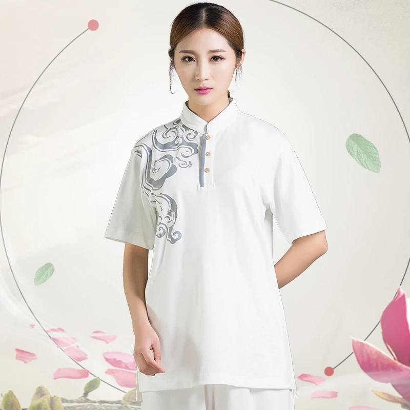 Хлопковая футболка Tai Chi с вышивкой топ короткими рукавами в китайском стиле |