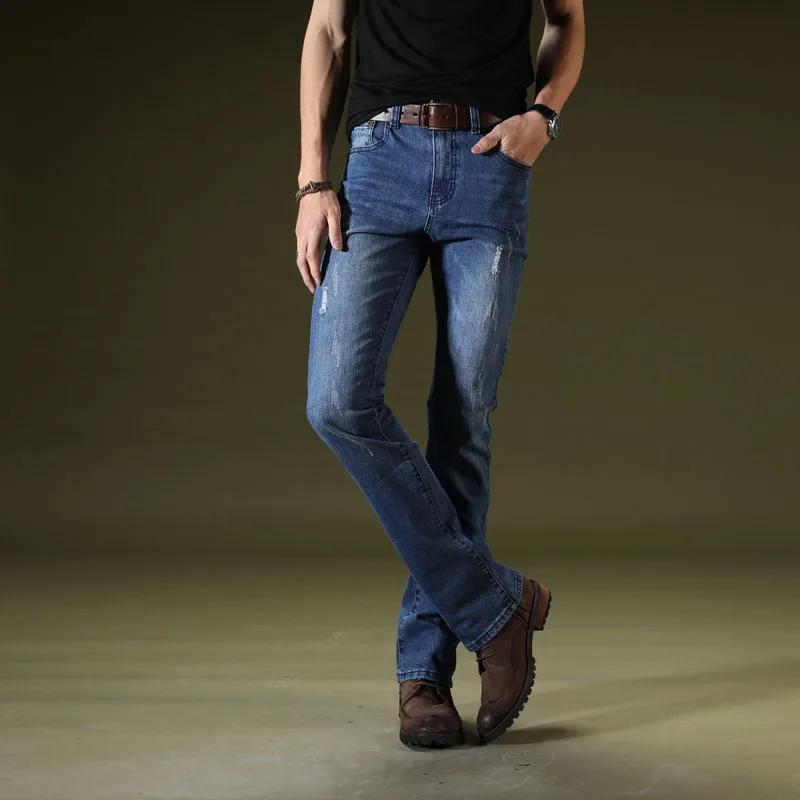 Mens Business Casual Flare Jeans Boot Cut Long Flared Jeans for Men Classic Vintage Slim Bootcut Denim Pants Black Blue