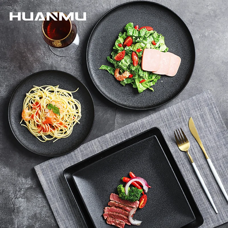 

Steak Dinner Plate Ceramic Western Food Plate Square And Flower Shape Home Black Breakfast Dish Tray Cutlery assiettes à salade